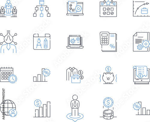 Wage earnings line icons collection. Income, Salary, Paycheck, Compensation, Earnings, Wages, Remuneration vector and linear illustration. Stipend,Retribution,Compensation package outline signs set
