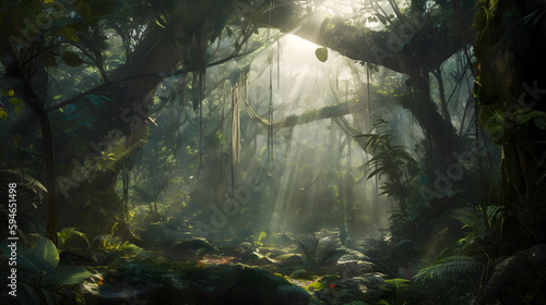 A dense and vibrant jungle canopy  with a wide variety of plant and animal life visible in the foreground.