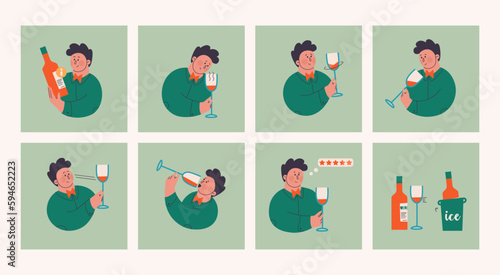 A cute character studies information on a bottle of wine, tastes, color and smells red wine. Assesses the blend and awards stars to the wine. Vector illustrations for wine tasting design.