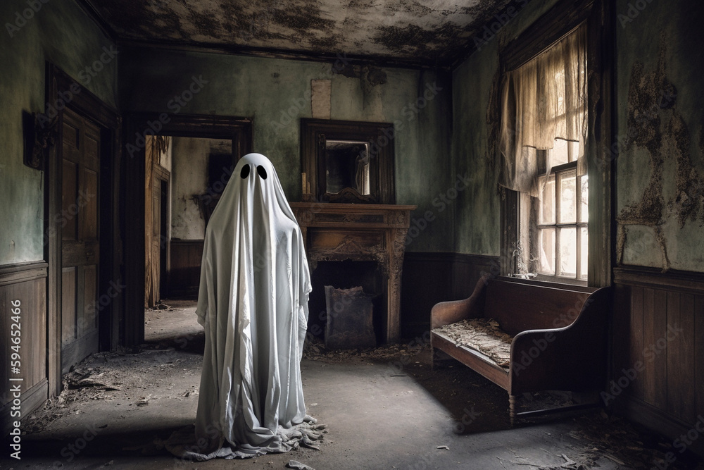 Generative AI of a white-sheet ghost sitting on a chair in a haunted house. Generative AI of a white-sheet ghost sitting on a chair in a haunted house.