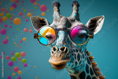 Generative Ai of a cool giraffe wearing funky glasses. 