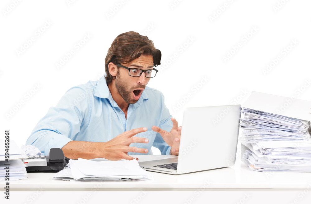 Business man, stress and mistake on laptop with paperwork, glitch or internet problem. Male accountant with anxiety, crisis and tech for reading news email isolated on transparent, png background Business man, stress and mistake on laptop with paperwork, glitch or internet problem. Male accountant with anxiety, crisis and tech for reading news email isolated on transparent, png background
