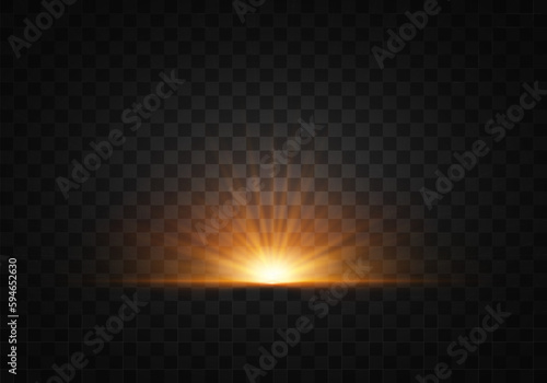 Sunlight special lens flash light effect on transparent background. Effect of blurring light. Golden bright sun light, transparent star burst, morning sunrise. Sunny weather. Vector 