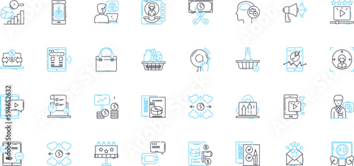 Web advertising linear icons set. Adwords, Marketing, Bidding, Targeting, Impressions, Clicks, Conversion line vector and concept signs. Display,Retargeting,CTR outline illustrations