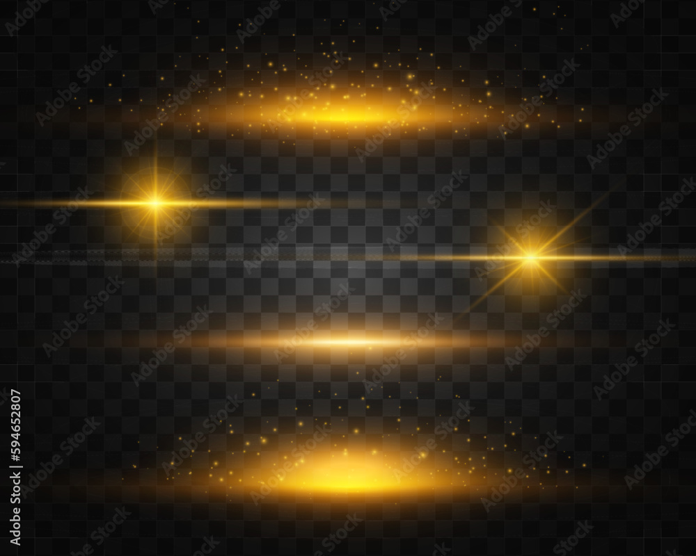 Yellow horizontal lens flares pack. Beautiful light flares. Flash with rays and spotlight. Glowing lights, stars and sparkles. Golden realistic lens flare set. Vector illustration. Yellow horizontal lens flares pack. Beautiful light flares. Flash with rays and spotlight. Glowing lights, stars and sparkles. Golden realistic lens flare set. Vector illustration.