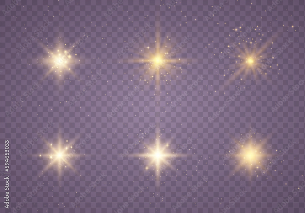 Yelow sparks sparkle with a special light. Set of golden bright beautiful stars. Effects, glare, lines, glitter, explosion, golden light. Glare set. Flashes of rays of light. Vector illustration. Yelow sparks sparkle with a special light. Set of golden bright beautiful stars. Effects, glare, lines, glitter, explosion, golden light. Glare set. Flashes of rays of light. Vector illustration.