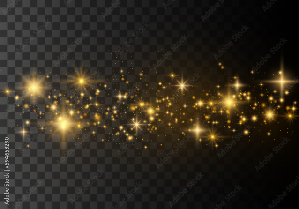 Golden dust light png. Christmas light bokeh confetti and sparkle. The dust sparks and golden stars shine with special light. Glittering stardust background. Glowing glitter of smoke, splashes vector.