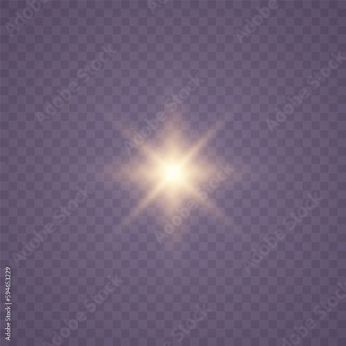 Gold glitter star burst with sparkles. Lights explodes, light effect design element. Vector illustration of shiny glow star with stardust, gold lens flare. Flash magical glow. Sun, sun rays png. 