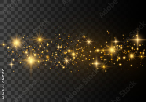 Golden dust light png. Christmas light bokeh confetti and sparkle. The dust sparks and golden stars shine with special light. Glittering stardust background. Glowing glitter of smoke, splashes vector.