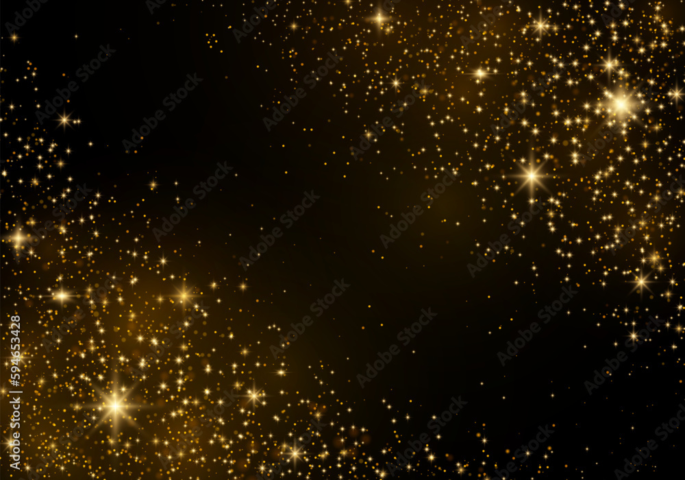 Fototapeta premium Golden dust light png. Yellow dust sparks and gold stars shine with special light. Christmas glowing light bokeh confetti and sparkle overlay texture for your design. Vector illustration.