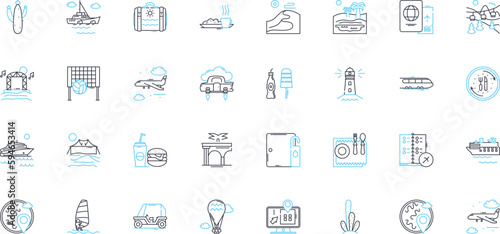 Mountain hikes linear icons set. Scenic, Challenging, Majestic, Unforgettable, Inspiring, Panoramic, Rustic line vector and concept signs. Adventurous,Serene,Breathtaking outline illustrations