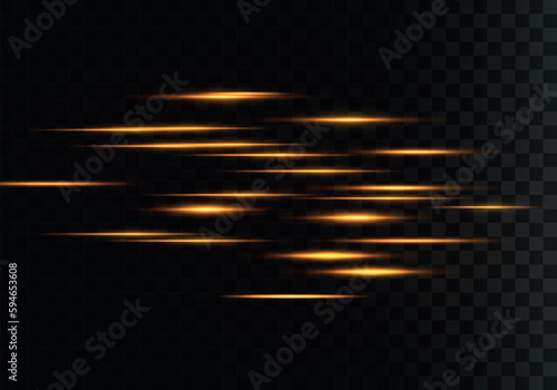 Gold speed neon lines in motion. Luminous abstract yellow sparkling lined background. Golden glowing dust and glare. Glow transparent vector light effect set, explosion, shine, spark, solar flare.