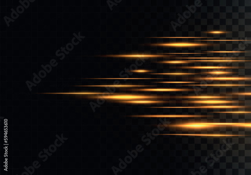 Gold speed neon lines in motion. Luminous abstract yellow sparkling lined background. Golden glowing dust and glare. Glow transparent vector light effect set, explosion, shine, spark, solar flare.