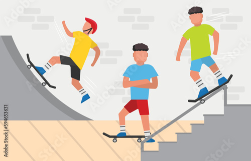 skaters. set of male characters on skateboard, teanagers in T-shirts doing tricks on skateboard in skatepark. vector cartoon simple characters.