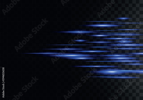 Straight fast light. Abstract laser beams, glow blue line motion. Acceleration speed. Chaotic neon rays of light. Streaks move quickly across on transparent background. Vector illutration.
