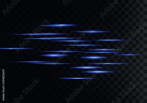 Straight fast light. Abstract laser beams, glow blue line motion. Acceleration speed. Chaotic neon rays of light. Streaks move quickly across on transparent background. Vector illutration.