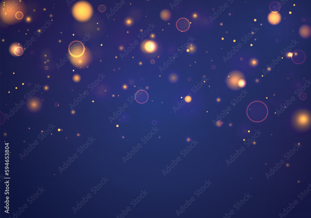 Obraz premium Glowing yellow bokeh circles, sparkling golden dust. Abstract glitter defocused blinking stars and sparks. Blurred light bokeh on dark blue background. Vector sparkles.