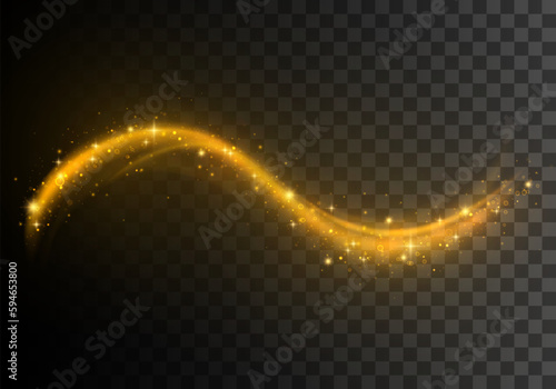 Shiny star dust trail. Abstract movement. Magic swirl line. Luminous yellow lines of speed. Light glowing effect. Magic golden luminous glow design element on transparent background.