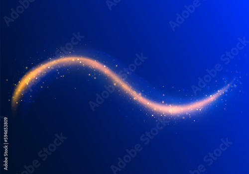 Magic golden light effect. Gold sequins dust, sun line, waves abstract elements on blue background, fare, yellow neon. Orange, yellow luminosity, abstract neon motion glowing wavy lines vector.