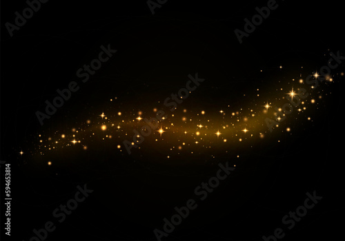 Abstract shiny color golden wave design element with glitter effect on dark background. Light golden swirl. Curve gold line light effect. Vector illustration.