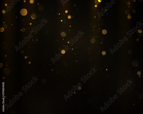 Gold, yellow bokeh effect on black background. Sparkling magical particles. Texture background abstract golden glitter and elegant for Christmas. Xmas lights concept. Vector illustration.