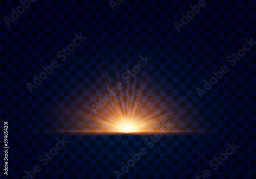 Flare burst beam sun. Abstract golden bright light. Yellow shining golden star. Light glare special effect with rays and magic sparks. Glow transparent vector set explosion, glitter, spark, sun flash.