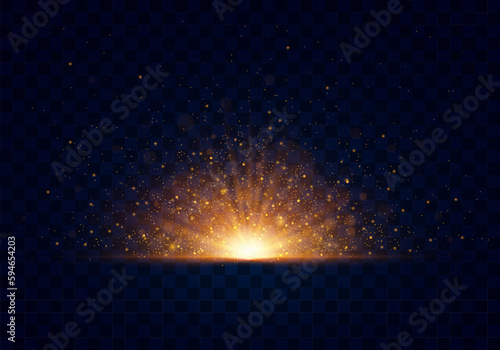 Flare burst beam sun. Abstract golden bright light. Yellow shining golden star. Light glare special effect with rays and magic sparks. Glow transparent vector set explosion, glitter, spark, sun flash.