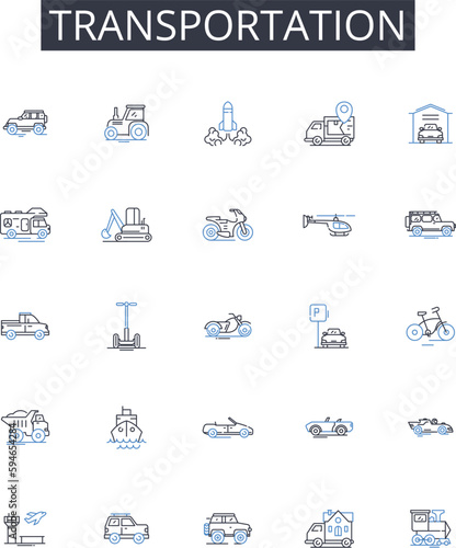 Transportation line icons collection. Commute, Transit, Travel, Conveyance, Carriage, Convoy, Haulage vector and linear illustration. Shipment,Freight,Transit system outline signs set