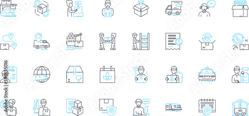 Supply chain management linear icons set. Logistics, Efficiency, Optimization, Sourcing, Planning, Delivery, Inventory line vector and concept signs. Collaboration,Procurement,Transparency outline