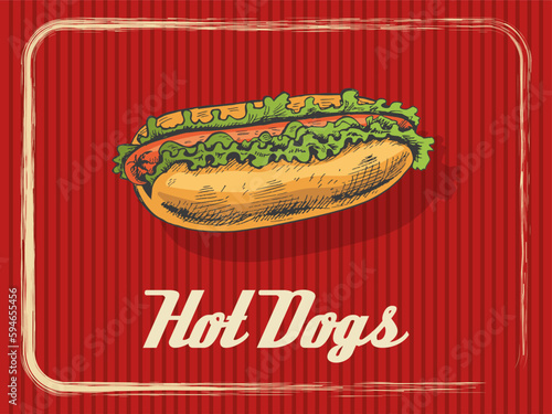 Vintage banner with a hot dog. Sketch, engraving. Vector hand-drawn food for menu, advertising or packaging.