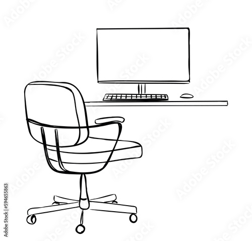 Hand drawn workplace. Chair and computer sketch