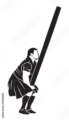 Caber toss vector icon. Scottish strongman athlete. Scotland man in kilt tossing the caber at highland games. Line art illustration. Logo idea. Black silhouette with white line.
