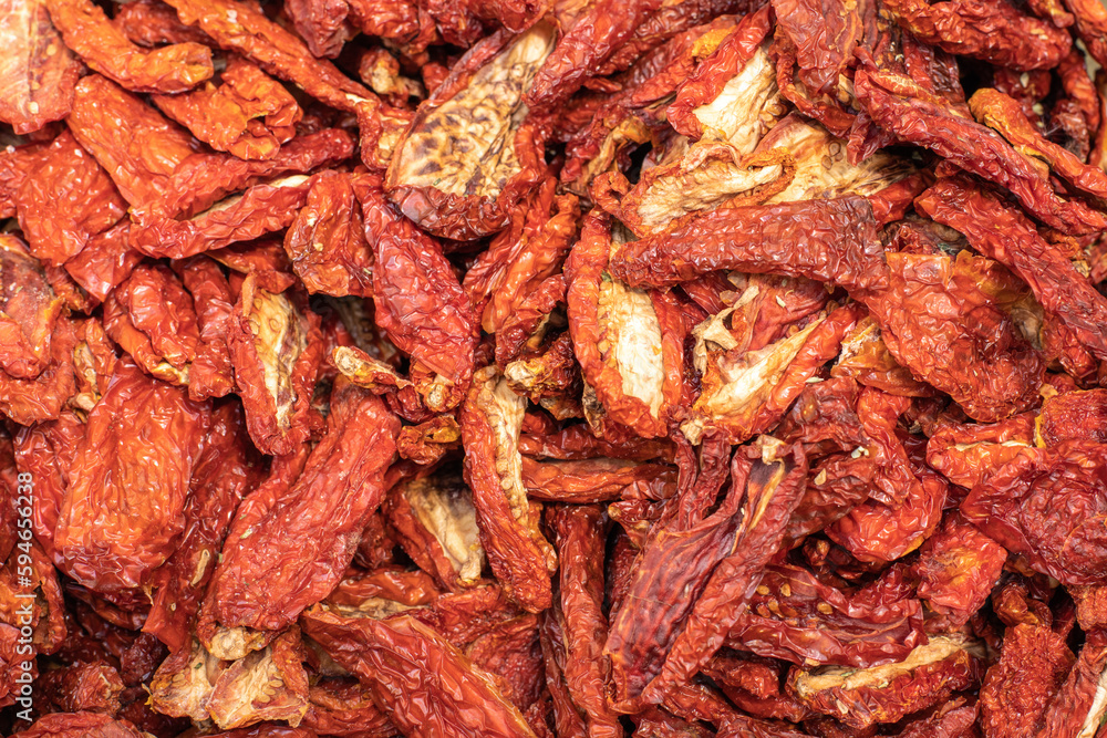 Dried tomatoes close up. Food background. Organic food. Italian speciality