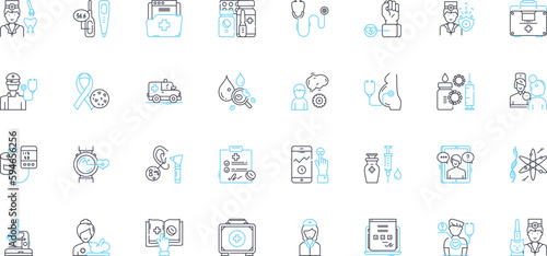 Polyclinic linear icons set. Medical, Healthcare, Clinic, Doctors, Nurses, Specialists, Patient-focused line vector and concept signs. Ambulatory,Outpatient,Consultation outline illustrations