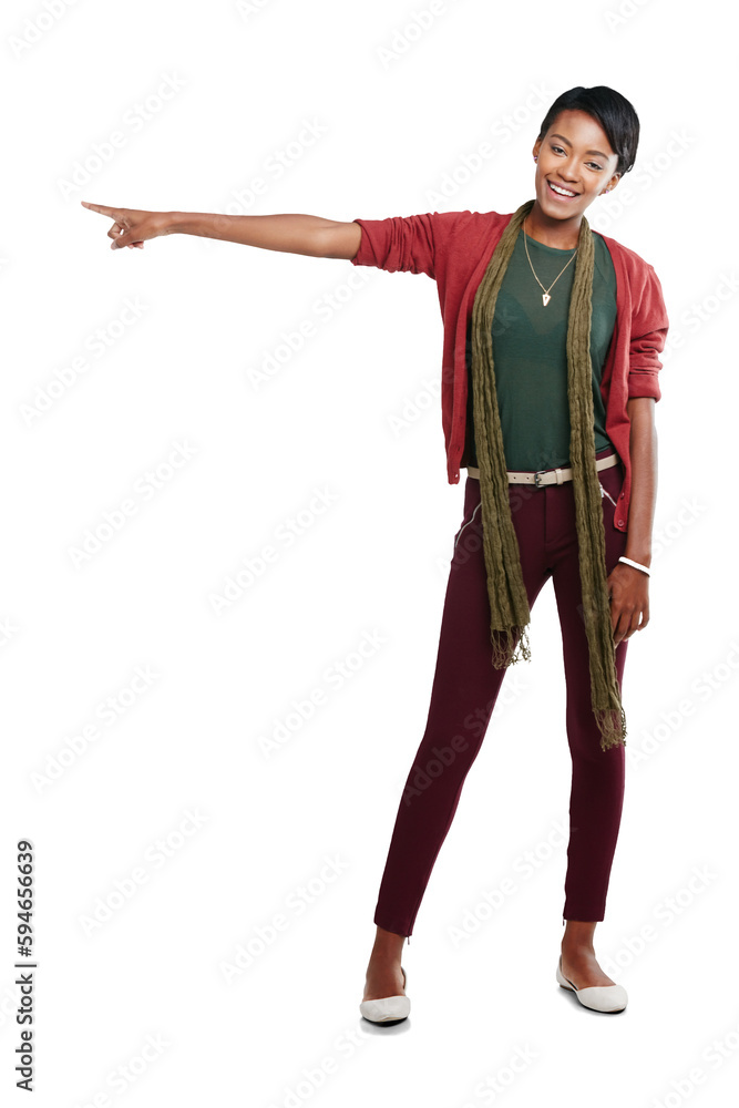 Black woman, portrait and hand pointing of a college student showing a promotion. Happiness face, model smile and icon hands gesture for cool fashion sales isolated on a transparent, png background Black woman, portrait and hand pointing of a college student showing a promotion. Happiness face, model smile and icon hands gesture for cool fashion sales isolated on a transparent, png background