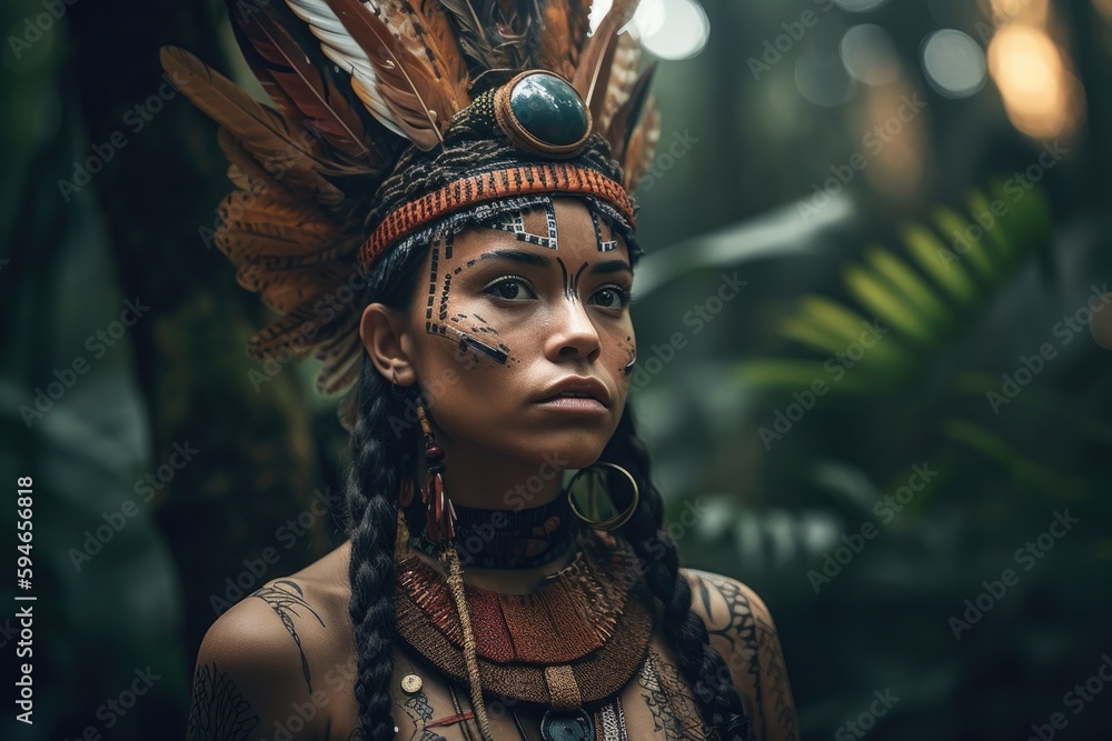 Indigenous Brazilian Young Woman, Portrait from Guarani Ethnicity Generative AI	