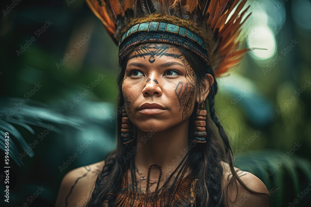 Indigenous Brazilian Young Woman, Portrait from Guarani Ethnicity Generative AI	