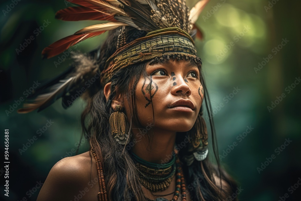 Indigenous Brazilian Young Woman, Portrait from Guarani Ethnicity Generative AI	