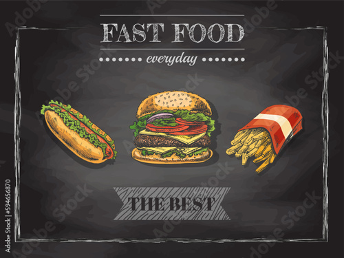 Fast food menu.  Vintage vector illustration. Hand-drawn sketch illustration of fast food isolated on chalkboard  background. Great for menu, poster or restaurant background.