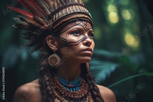 Indigenous Brazilian Young Woman, Portrait from Guarani Ethnicity Generative AI  © ChaoticMind