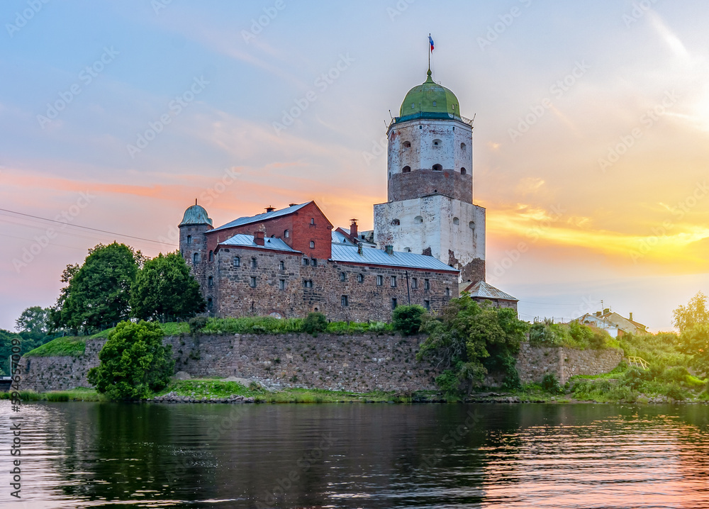 Medieval Vyborg Castle at sunset, Russia