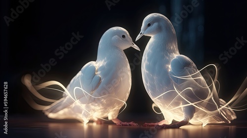 Close up couple dove's with glowing effect 4k wallpaper, dove birds in night background, hd realistic  illustration