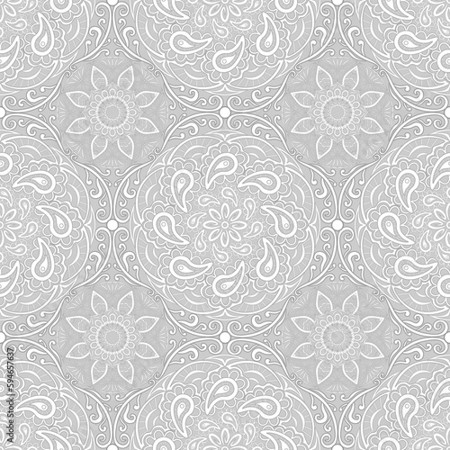 Fototapeta Naklejka Na Ścianę i Meble -  Boho style pattern, ornamental mandala, white and grey colours. Seamless floral pattern-242.