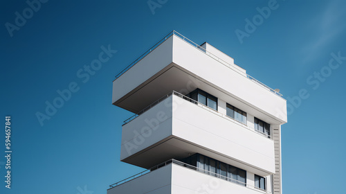 A minimalist and modern shot of a sleek building against a bright blue sky.
