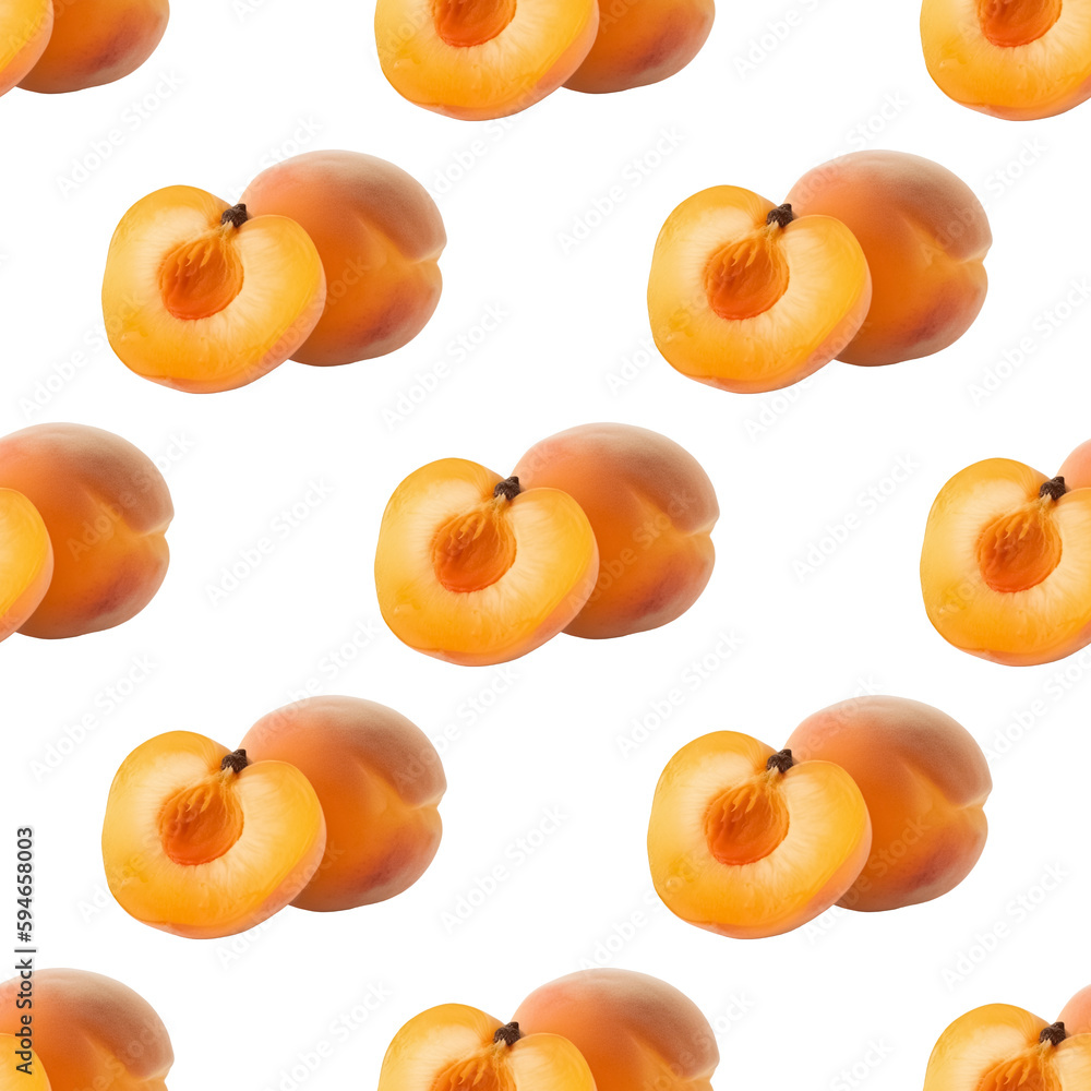 Ripe whole, half peach seamless pattern on transparent background. Fresh peach repeating on transparent background. Generative AI