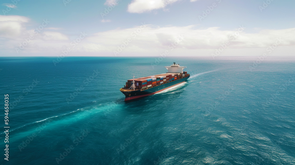 Large container cargo ship cruising in a blue ocean. Generative AI. 