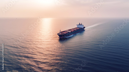 Large container cargo ship cruising in sunrise ocean. Generative AI.  © Marabu Design