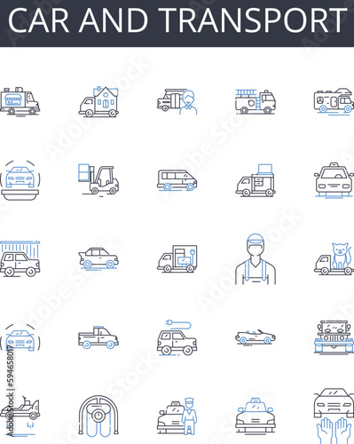 Car and transport line icons collection. Automobile, Vehicle, Truck, Van, Bus, Bike, Motorcycle vector and linear illustration. Scooter,Trailer,Camper outline signs set