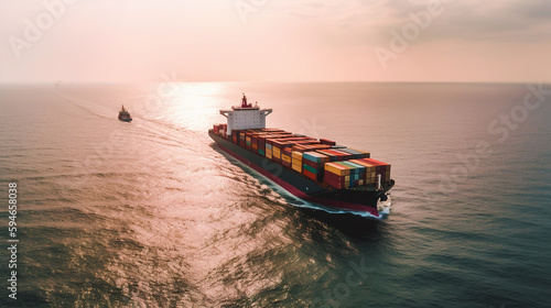 Large container cargo ship cruising in sunrise ocean. Generative AI. 