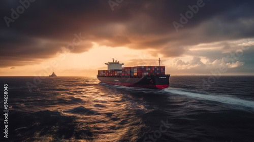 Large container cargo ship cruising in sunrise ocean. Generative AI.  © Marabu Design